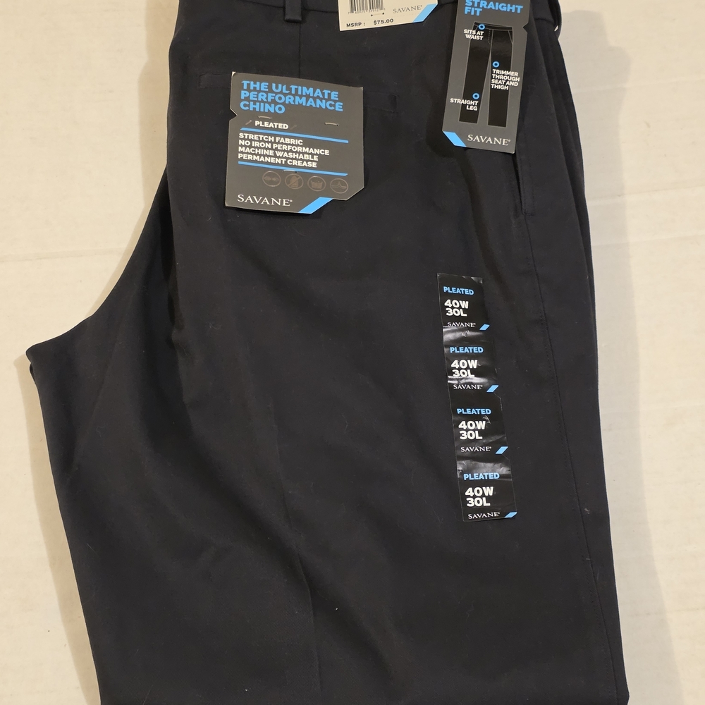 SAVANE Men's Navy No Wrinkle, Pleated Classic Fit Pants Sz 40X30